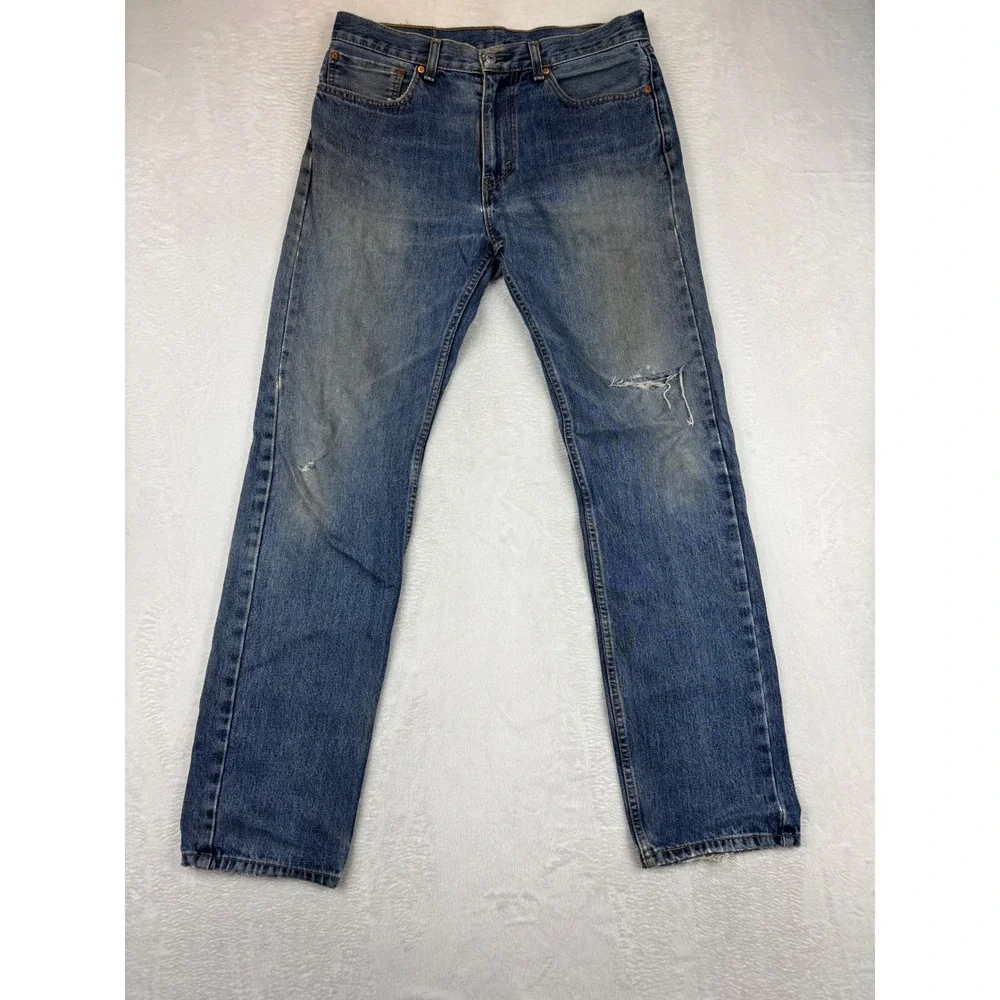 Levis 505 Mens 34x36 Jeans Grungy Medium Blue Washed Denim Distressed True Fade